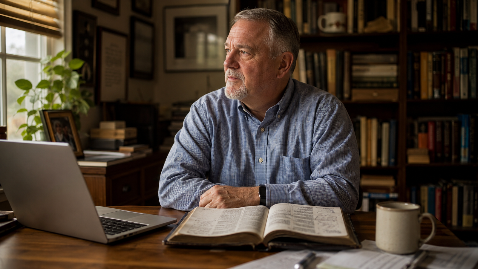 A pastor preparing a sermon at a wooden desk with an open Bible and laptop