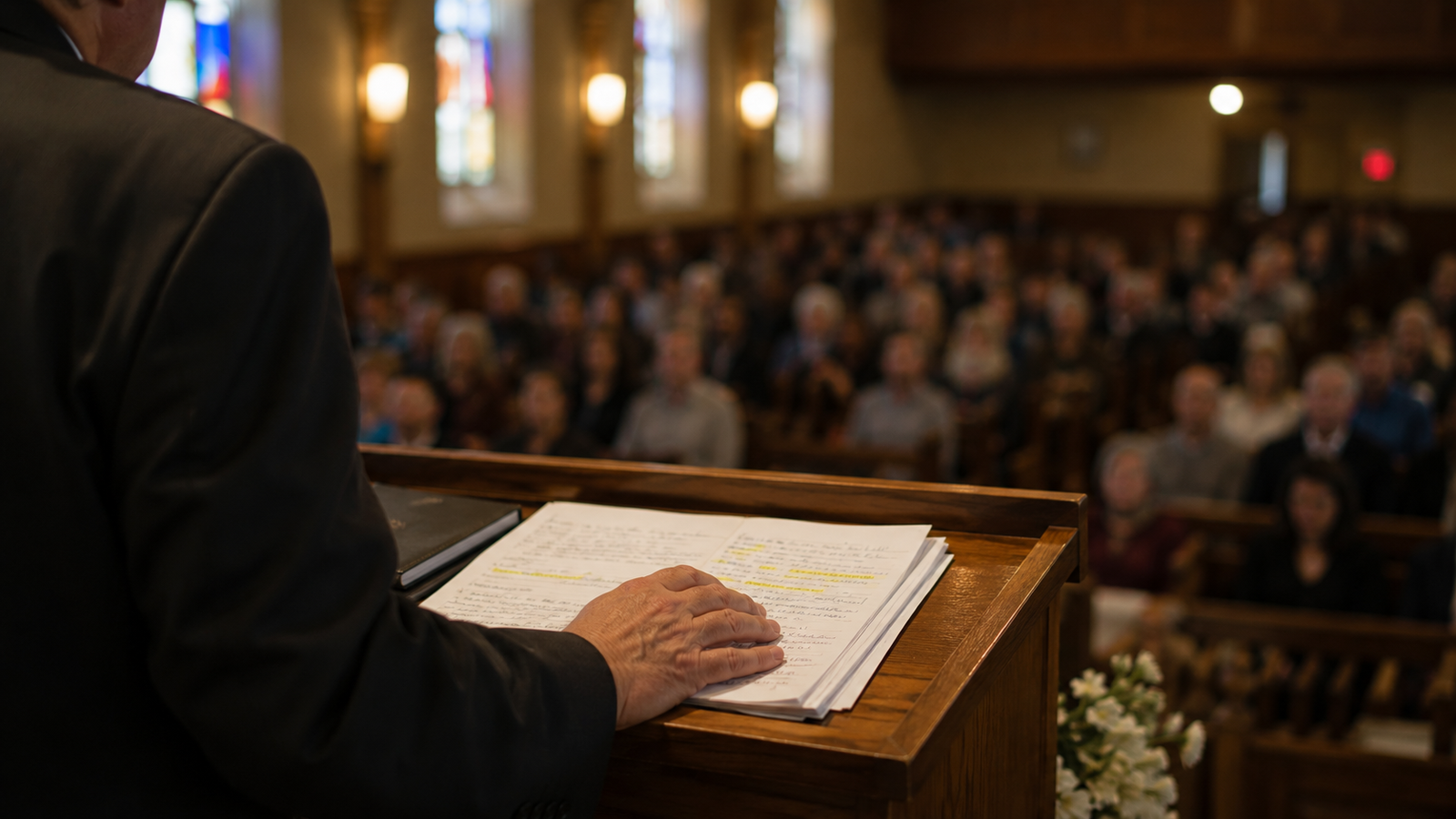 Pastor at a pulpit with congregation in background