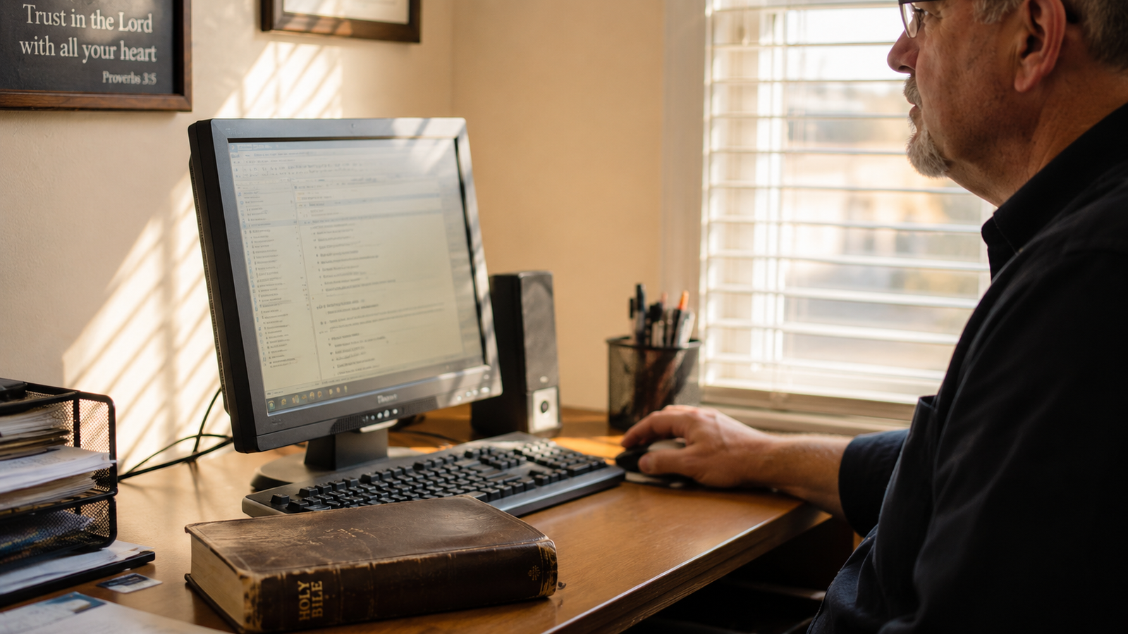 Church office with computer and Bible