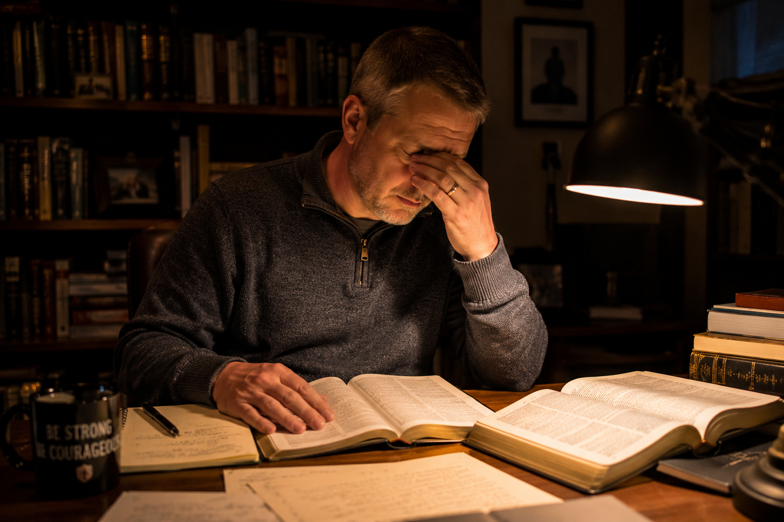 Pastor studying late at night by lamp light
